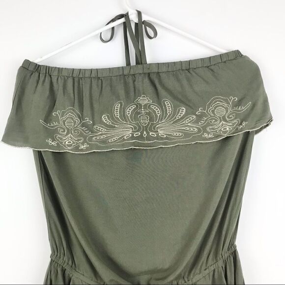 NEW Akualani Olive Green Sleeveless Halter Romper with Embroidery - Picture 5 of 16